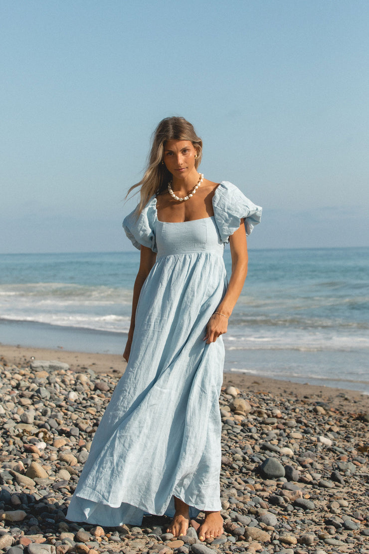 Monaco Linen Tier Dress in Ocean